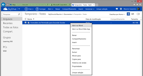 Abrindo DOCX com botão conextual do mouse Abrindo DOCX com botão conextual do mouse