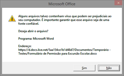 Notificação de segurança - Abertura de DOCX com Word Notificação de segurança - Abertura de DOCX com Word